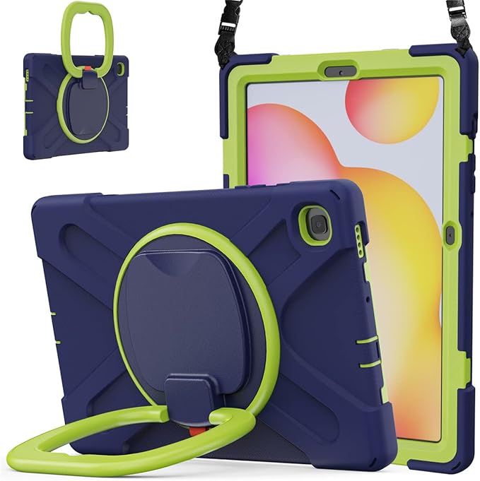 360 Rotation Case for Samsung Galaxy Tab S6 Lite 10.4" Sturdy Cover Rotate Ring Stand Shoulder Carrying Strap Hand Strap Rugged Children Adults Outdoor Case (Navy+Green)