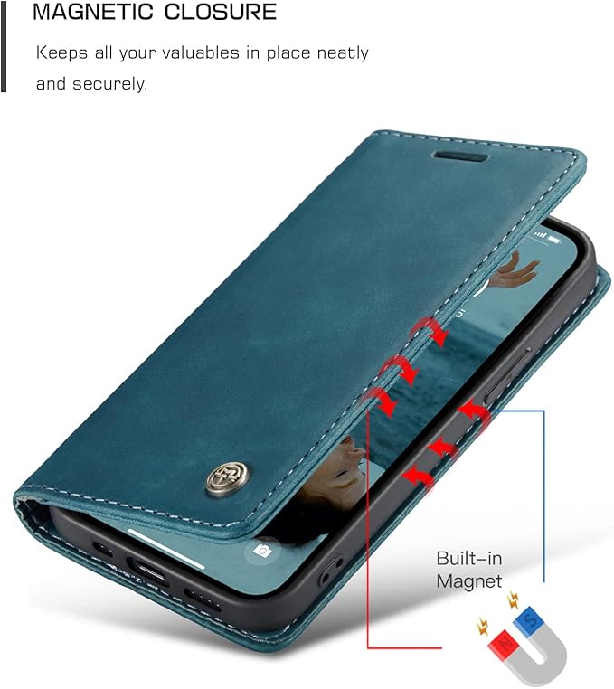 for iPhone 13 Pro Case, Flip Wallet Leather Case with Card Holder Magnetic Closure Shockproof Kickstand Protective Phone Cases Cover for iPhone 13 Pro, Blue-Green