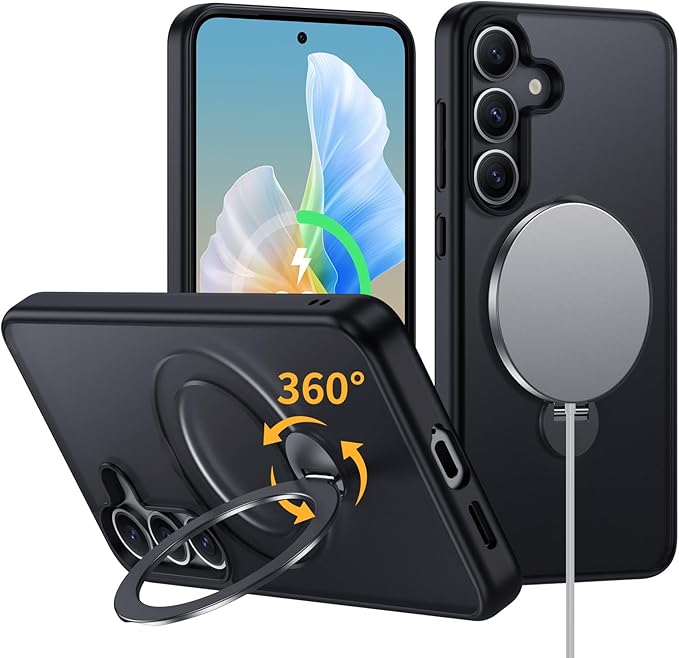 for Samsung Galaxy S25 Case,Compatible with Magsafe [Wireless Charging],with 360°Rotatable Magnetic Ring Stand Matte Translucent Slim Soft Edge Phone Kickstand,Black
