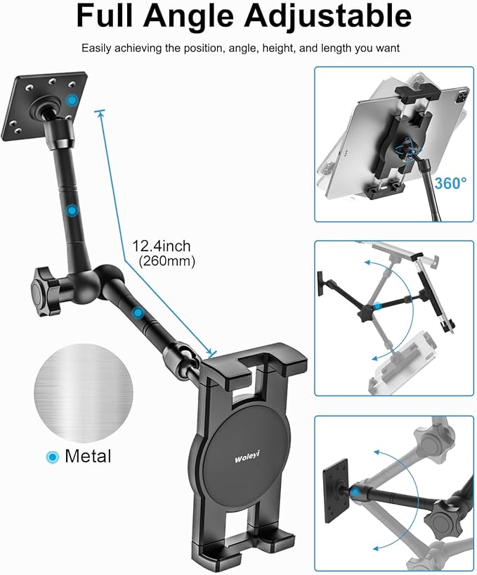 Metal Tablet Wall Mount Holder with 360° Adjustable Foldable Arm, for iPad Pro Air Mini | Galaxy Tab | Kindle Fire | Switch | 4.7-13" Device, for Kitchen Cabinet | Home | Desk | Under Counter | Office