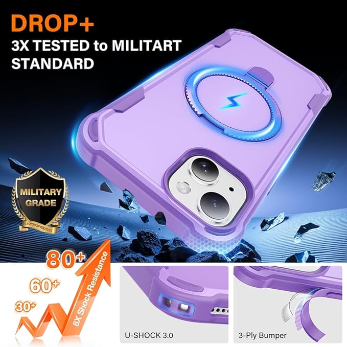 Designed for iPhone 14 Plus Case with Magnetic Stand [Military Drop Protection][Compatible with Magnet] Shockproof 14 Plus Phone Case with Ring Holder, Purple