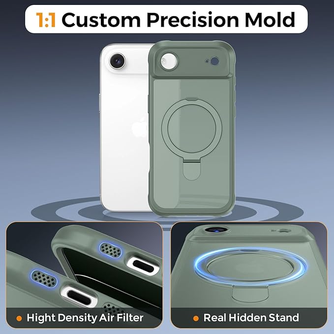 MOCCA Compatible with iPhone Air Case with Magnetic Invisible Stand [Full Camera Protection] [Compatible with Magsafe] Military Drop Shockproof Translucent Matte Phone Case Cover 6.5",Calke Green