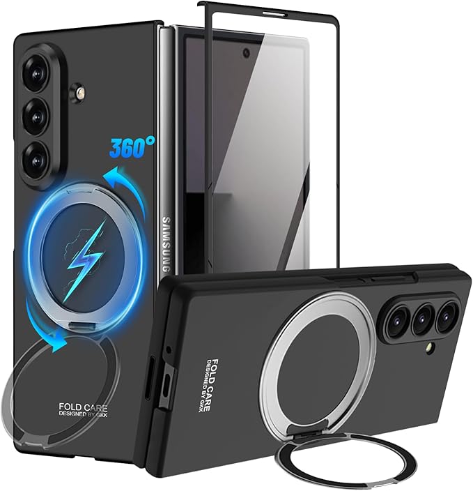360 Spin Magnetic Stand for Samsung Galaxy Z Fold 7 Case, with Screen Protector [Compatible with MagSafe] Slim PC Hard Ring Holder Kickstand Protection Cover for Samsung Z Fold 7 Phone Case (Black)