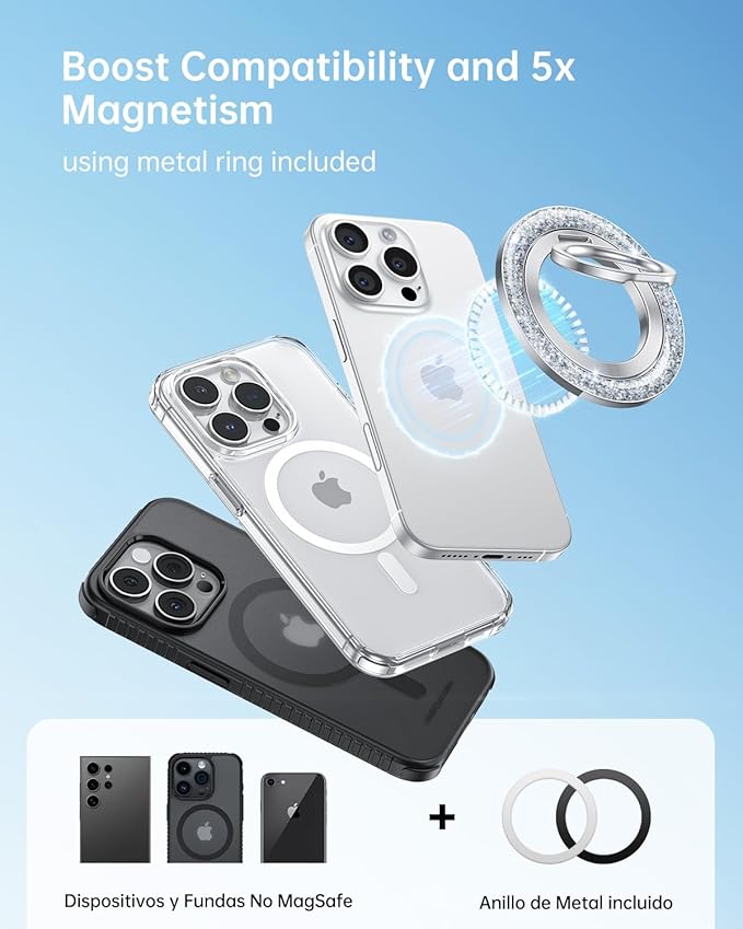 SYNCWIRE Magnetic Phone Ring Holder for MagSafe - Glitter Phone Grip Stand with 360° Rotation & Reinforced Hinge, Compatible with iPhone 16 15 14 13 Pro Max Plus MagSafe Accessories - Glitter Silver