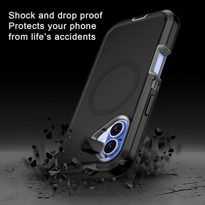 for iPhone 16 Case [Compatible with MagSafe] Shockproof 3-Layer Full Body Protection [Without Screen Protector] Rugged Heavy Duty Cover Case for Apple iPhone 16 6.1",Black/Grey