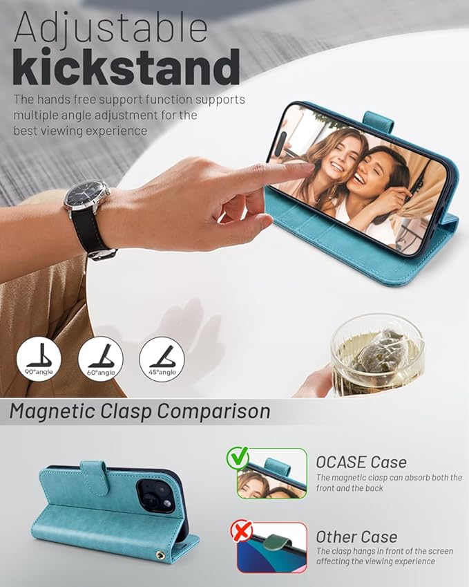 OCASE Compatible with iPhone 15 Wallet Case, PU Leather Flip Folio Case with Card Holders RFID Blocking Kickstand [Shockproof TPU Inner Shell] Phone Cover 6.1 Inch 2023, Mint Green