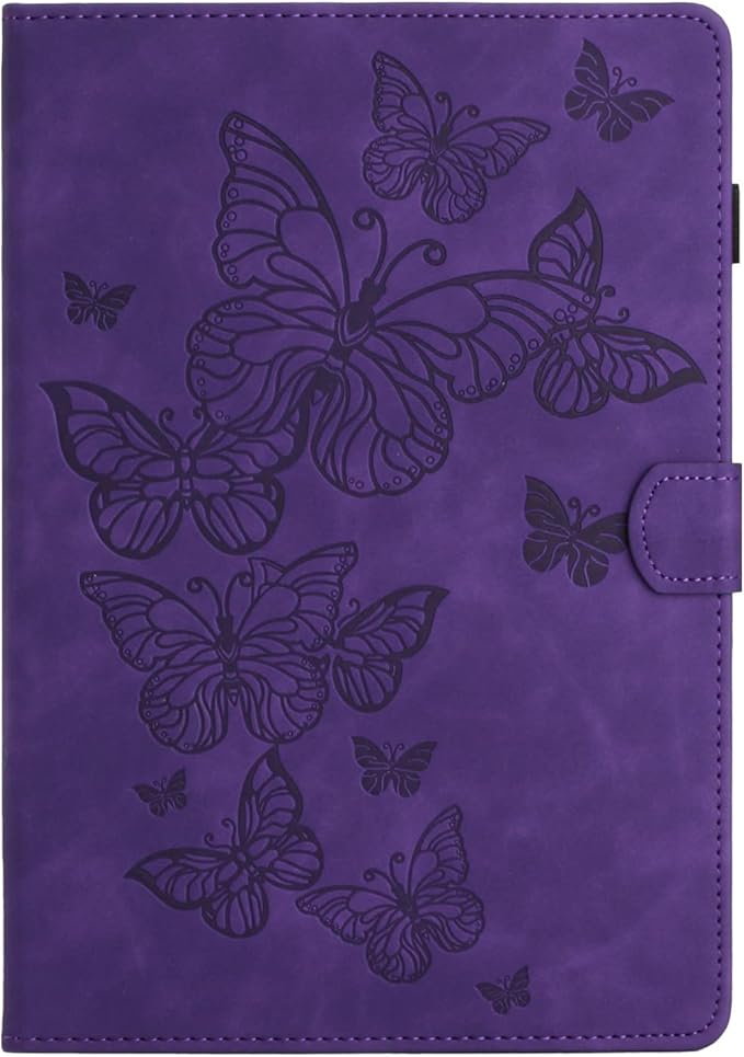 KEROM Case for Samsung Galaxy Tab A9+ Plus 11 Inch 2024 2023 (SM-X210/X216/X218), Embossed Suede Leather Folio Stand Cover with Auto Wake/Sleep & Card Slot & Pen Holder - Purple Butterfly Embossing
