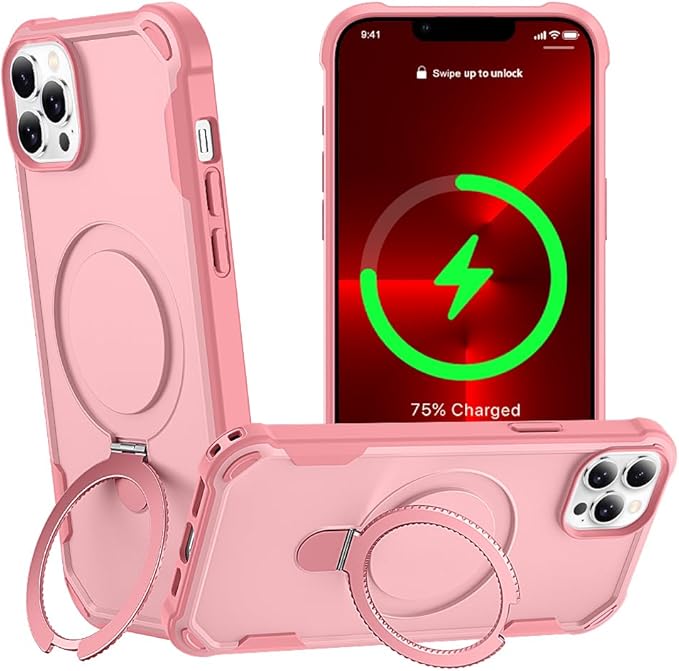 Designed for iPhone 12 Pro Max & 13 Pro Max Case with Magnetic Stand [Military Drop Protection][Compatible with Magnet] Shockproof 12 Pro Max & 13 Pro Max Phone Case with Ring Holder, Pink