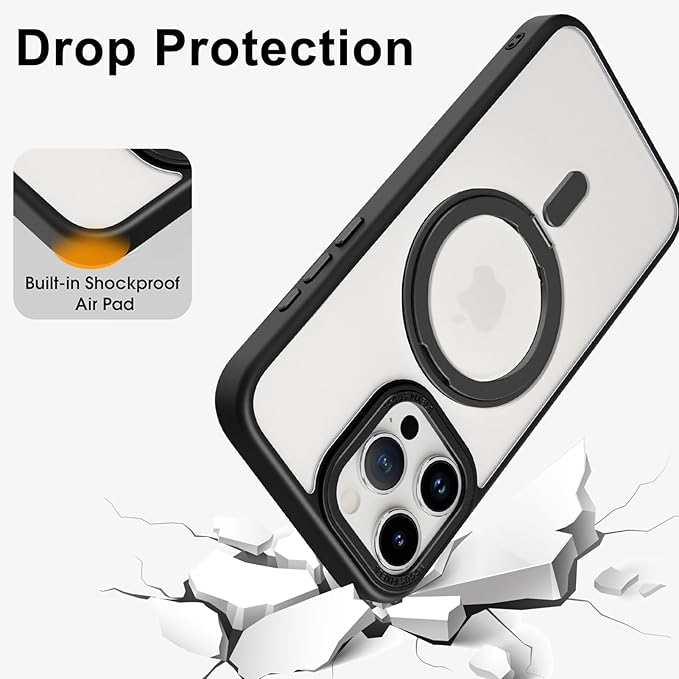 ZIYE Magnetic Case for iPhone 15 Pro Case with Stand [Compatible with MagSafe] Slim Shockproof Military Grade Heavy Duty Cover with 360 Rotatable Ring Kickstand for Women Men, Translucent Black