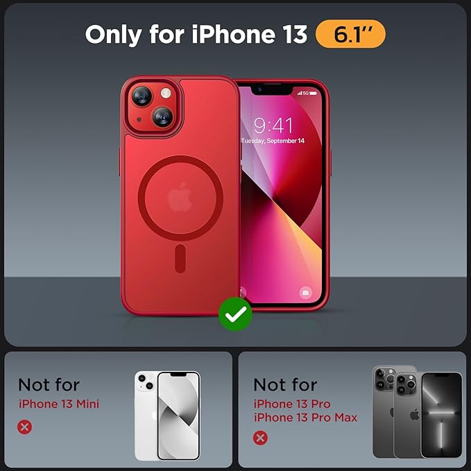 Miracase Magnetic for iPhone 13 Case 6.1 inch (Compatible with MagSafe)（with 2X Screen Protectors） Military-Grade Protection, Anti-Fingerprint Translucent Matte Phone Case Cover, Red
