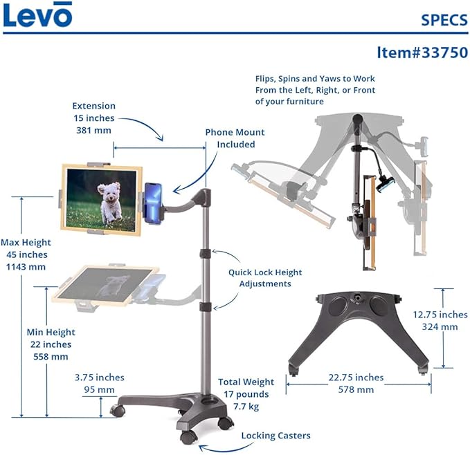 LEVO G2 Essential Tablet Floor Stand Tablet PCs, iPads, iPad mini, New iPad Pro, Galaxy, Nexus, Xoom, Surface Pro, Miix, Nook, Fire, and Other Tablets and e Readers Black Color