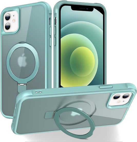 Magnetic Compatible with iPhone 12/12 Pro Case with Stand [Military Grade Drop Tested][Compatible with Magnet] Ring Translucent Slim Hard Back Soft Edge, Teal Green