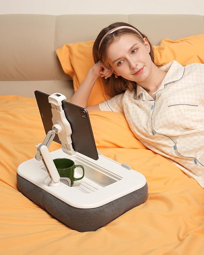 Viozon Kindle Pillow Stand Holder, Phone Holder for Bed, Laptop Lap Desk with Mouse Pad,Compatible with 4.7-13" Kindle/Tablet/Phone,10-15" Laptop, Snack Bowl&Cup Attachment&Detachable 360°Stand Arm