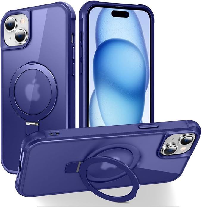 Magnetic Compatible with iPhone 15 Case with Stand [Military Grade Drop Tested][Compatible with Magnet] Ring Translucent Slim Hard Back Soft Edge, Blue