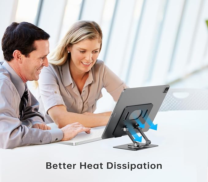 Tablet Stand Holder with 360° Rotating Base Dual Rod Aluminum Adjustable Tablet Stand for Desk Compatible with iPad Samsung Phone Kindle E-Reader and More, Black