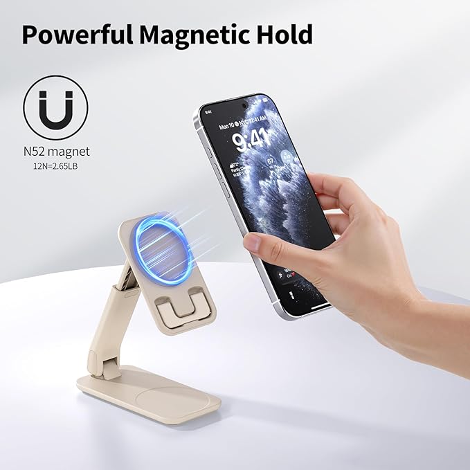 iWALK Magnetic Cell Phone Stand for Desk, Angle and Height Adjustable Mobile Phone Holder, Foldable Magnet Stand for iPhone 16 15 14 13 12 Pro Max and iPad Cell Phone Holder, Light Brown