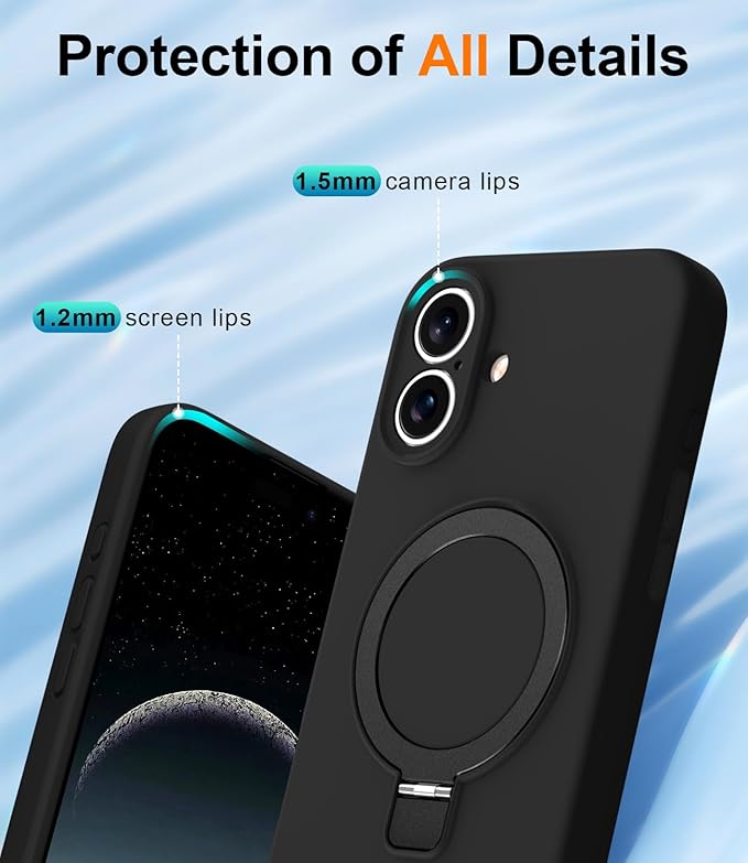 ZHK Liquid Silicone Designed for iPhone 16 Case with Magnet Stand, [Precise Camera Lens Protection][Mil-Grade Drop Shockproof][Soft Anti-Scratch Microfiber Lining] Slim Fit Cover, Black