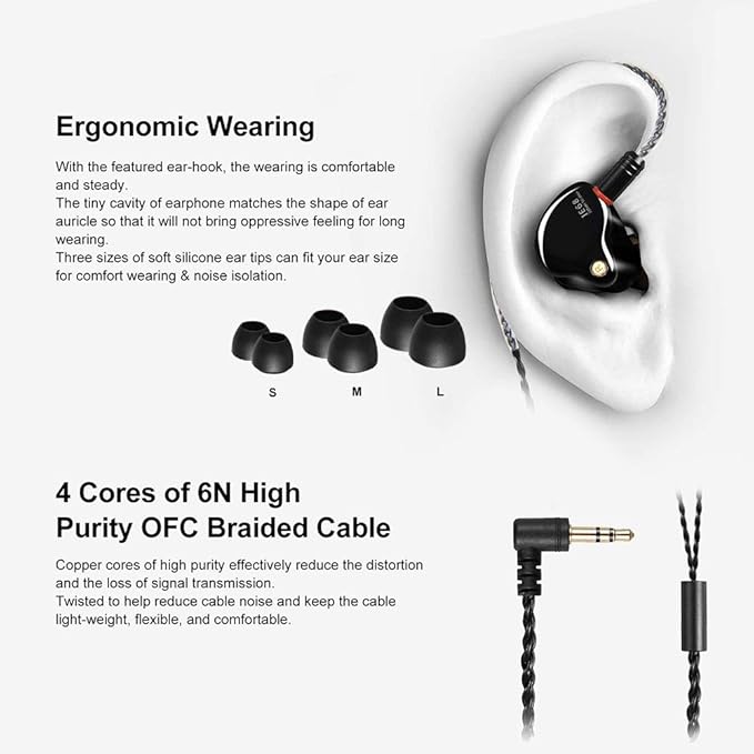 Wired Earbuds in-Ear Headphones for Singers/Drummers/Musicians, Noise Isolating Bass Driven Earphones, Carry Case, Ear Buds Tips, MMCX 3.5MM Jack IEM Earphones ((Black UV Coating)