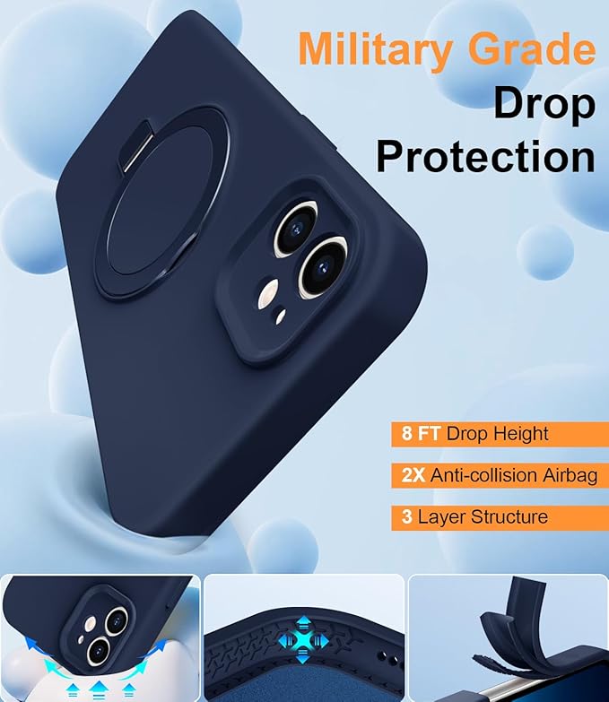 ZHK Liquid Silicone Designed for iPhone 12 Case with Magnet Stand, [Precise Camera Lens Protection][Mil-Grade Drop Shockproof][Soft Anti-Scratch Microfiber Lining] Slim Fit Cover, Navy Blue