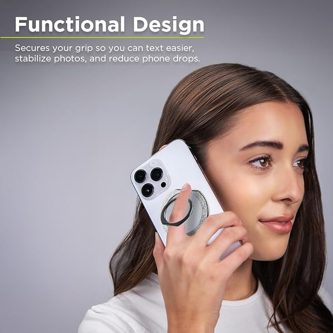 PureGear Magnetic Phone Grip Ring Stand, Magnetic Phone Ring Holder for MagSafe iPhone 16, 16Pro, 16Plus, 16ProMax, 15, 15Plus, 14, 14ProMax, 13,12, Adjustable Kickstand((Brushed Black Silver Glitter)