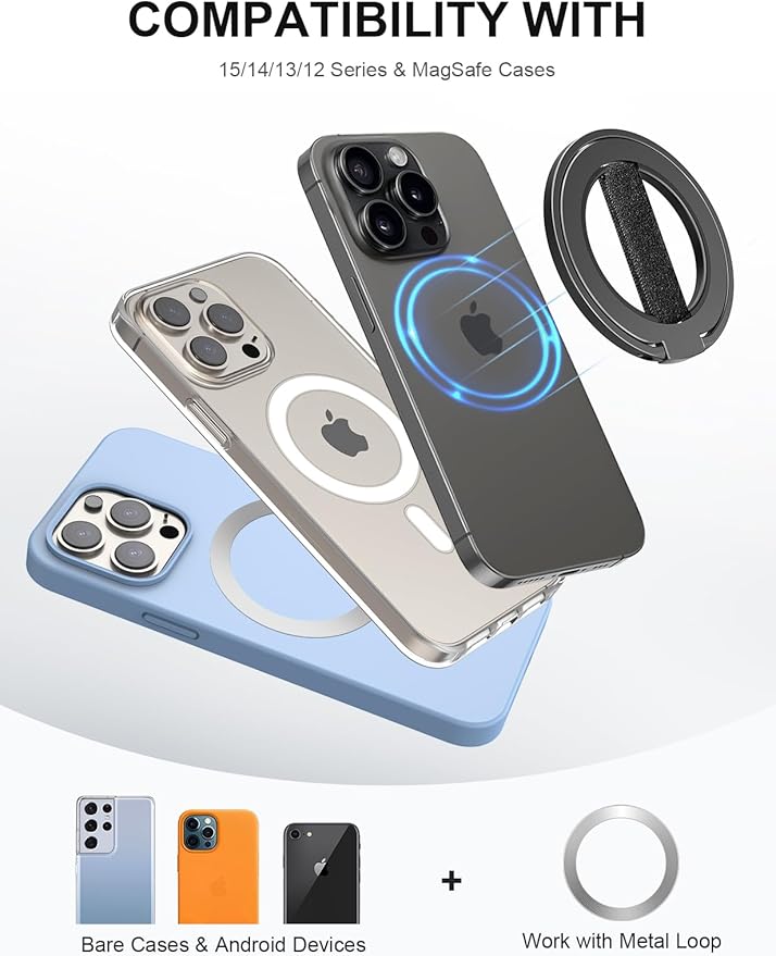 EWA MagOne Ultra for Magsafe Phone Grip Kickstand [Replaceable Elastic Finger Loop], Mag Safe Ring Holder Stand, Two-Sided Magnetic Phone Accessories for iPhone 17,16,15,14,13,12 Pro/Max/Plus-Black