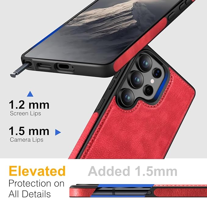 for Galaxy S25 Ultra Leather Case, Built-in Foldable Alloy Stand, with Camera Lens and Screen Protector, Slim Shockproof Kickstand Phone Cover 2025 (Red)