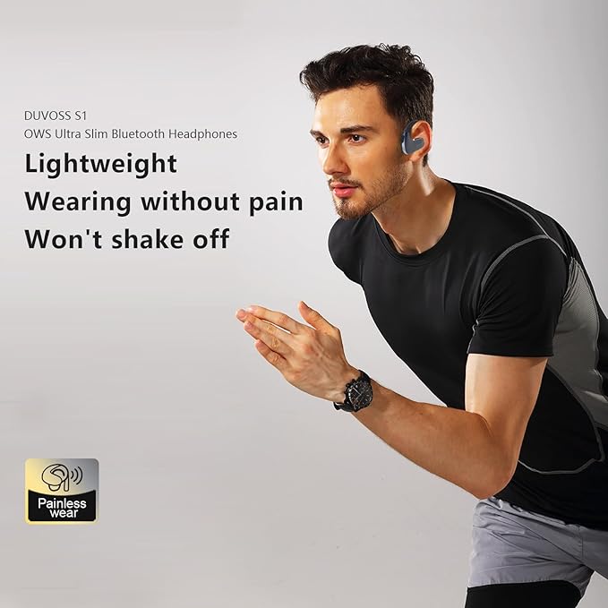 Open Ear Headphones, Wireless TWS Stereo Bluetooth 5.3 with Microphone, Ultra-Comfort, Fast Charging, IXP4 Waterproof, Lightweight, Smart Digital Display, Sport Earbuds, 300H, Black