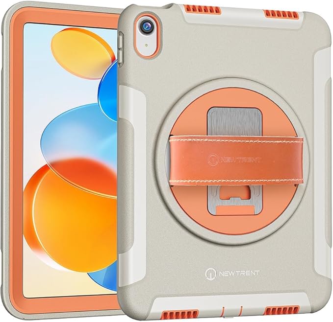 Original Rugged iPad Case for iPad 11 (A16) 11-inch (2025) & iPad 10th Gen 10.9-inch (2022) | 360° Rotating Kickstand, Genuine Leather Hand Strap, Built-in Screen Protector (Orange Grey)