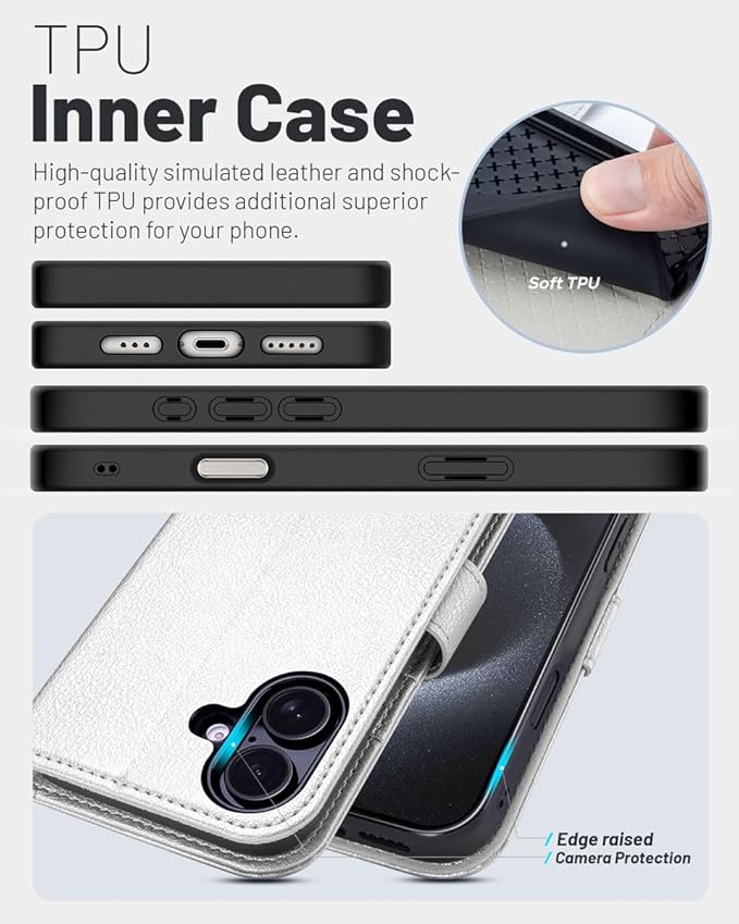 OCASE Compatible with iPhone 16 Wallet Case, PU Leather Flip Folio Case with Card Holders RFID Blocking Kickstand [Shockproof TPU Inner Shell] Phone Cover 6.1 Inch 2024, Silvery