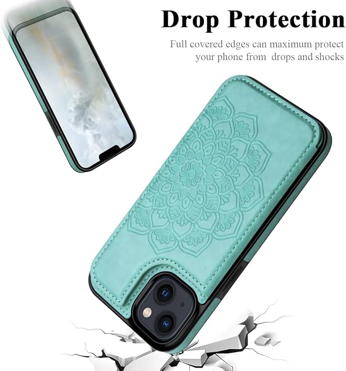 MMHUO for iPhone 14 Plus Case with Card Holder,Flower Magnetic Buttons Protective Wallet Case for Women for iPhone 14 Plus,Mint