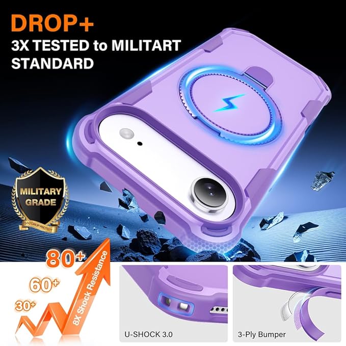 Designed for iPhone 17 Air Case with Magnetic Stand [Military Drop Protection][Compatible with Magnet] Shockproof 17 Air Phone Case with Ring Holder, Purple