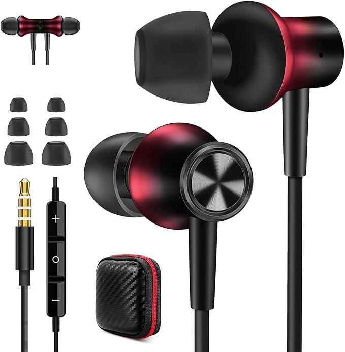 Jiunai 3.5mm Wired Earbuds Headphones School in Ear Built-in Mic Track Control Magnetic Noise Isolated Stereo S M L Ear Tips Tangle Free Earphone for iPhone iPad Android Tablet Travel Gradient Red