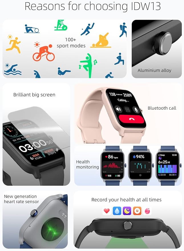 OCTANDRA Move 2 VeryFit 1.8" Bluetooth Answer Call Alexa Smart Watch Heart Rate Blood Oxygen Saturation Sleep Monitor Step Counter IP68 Activity Fitness Tracker Watches for Men Women (IDW13) (Blue)