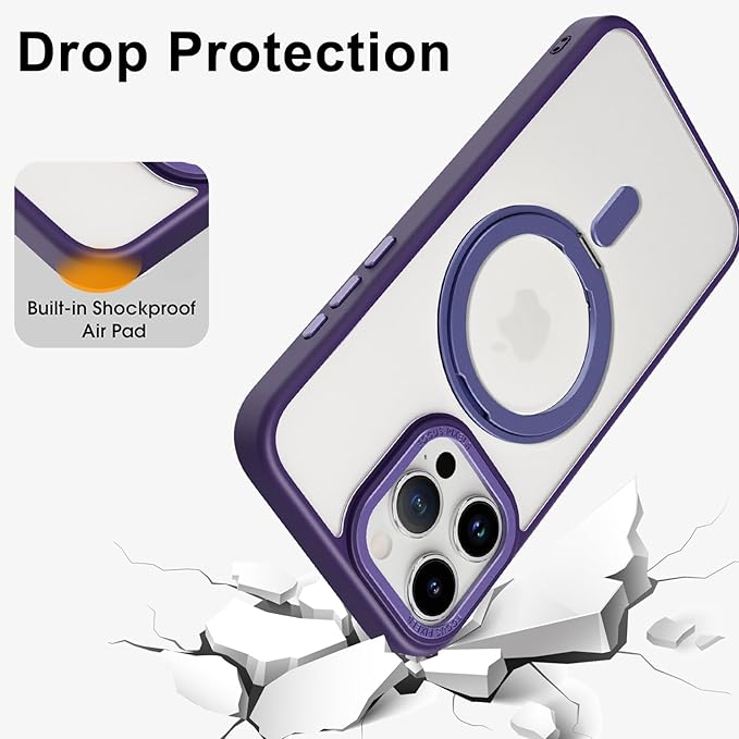ZIYE Magnetic Case for iPhone 15 Pro Max Case with Stand [Compatible with MagSafe] Slim Shockproof Military Grade Heavy Duty Cover with 360 Rotatable Ring Kickstand for Women Men, Translucent Purple