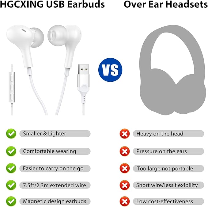 USB Headphones for PC Laptop,Magnetic 7.5FT Wired Earbuds Computer Headset with Microphone Control Mute Mic Noise Canceling in Ear Eartips Corded Earphone for MacBook Pro Zoom Meetings Chromebook