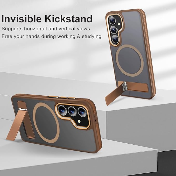 Case for Samsung Galaxy S25 Plus, Compatible with Magsafe, [Invisible & Adjustable Stand] for Matte Translucent S25+ Cover, Anti-Slip Shockproof Slim Phone Case for Galaxy S25 Plus (Brown)