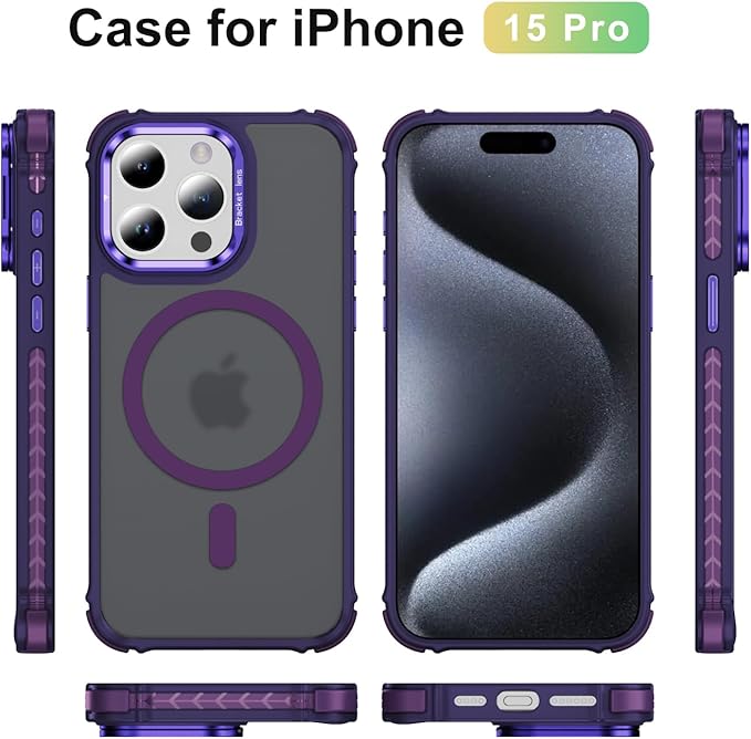 Magnetic for iPhone 15 Pro Case Purple with MagSafe Wireless Charging Heavy Duty Military-Grade Shockproof Protection Adjustable Kickstand Slim Matte Anti-Fingerprint Cover Men Women