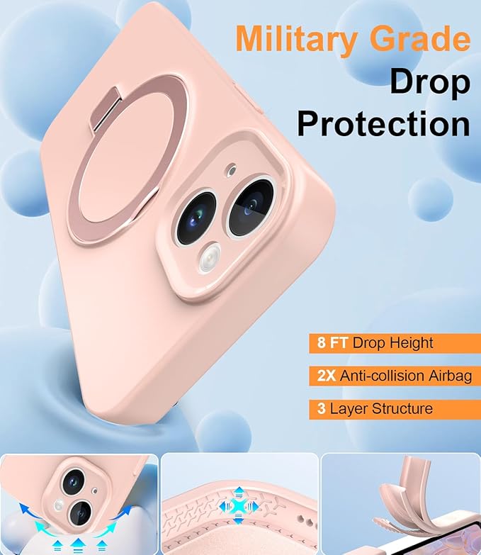 ZHK Liquid Silicone Designed for iPhone 15 Plus Case with Magnet Stand, [Precise Camera Lens Protection][Mil-Grade Drop Shockproof][Soft Anti-Scratch Microfiber Lining] Slim Fit Cover, Pink