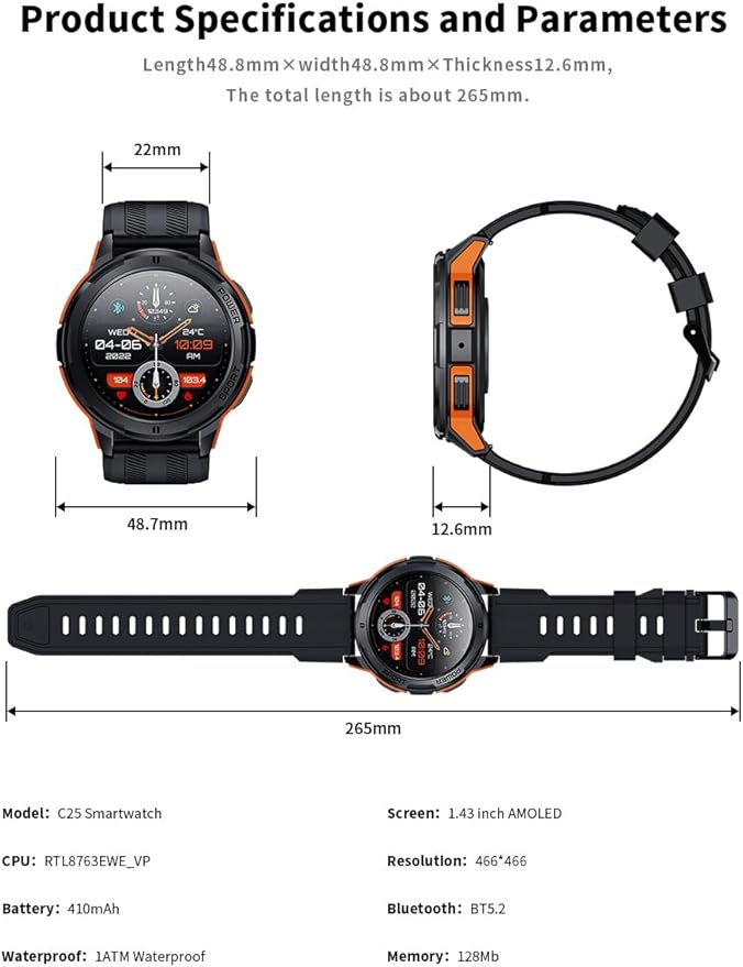 Military-Style Smartwatch for Men,5ATM Waterproof, 1.43" AMOLED HD Display, 123+ Sport Modes, 24/7 Health Monitoring, Answer/Make Calls, for iOS/Android (Black)