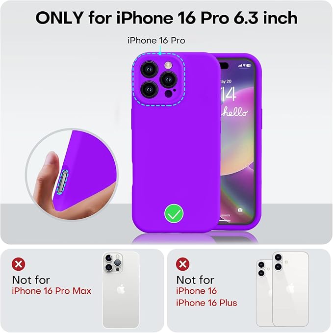 Vooii Compatible with iPhone 16 Pro Case, Liquid Silicone Upgrade [Camera Protection] [Soft Anti-Scratch Microfiber Lining] Shockproof Phone Case for iPhone 16 Pro 6.3 inch - Neon Purple