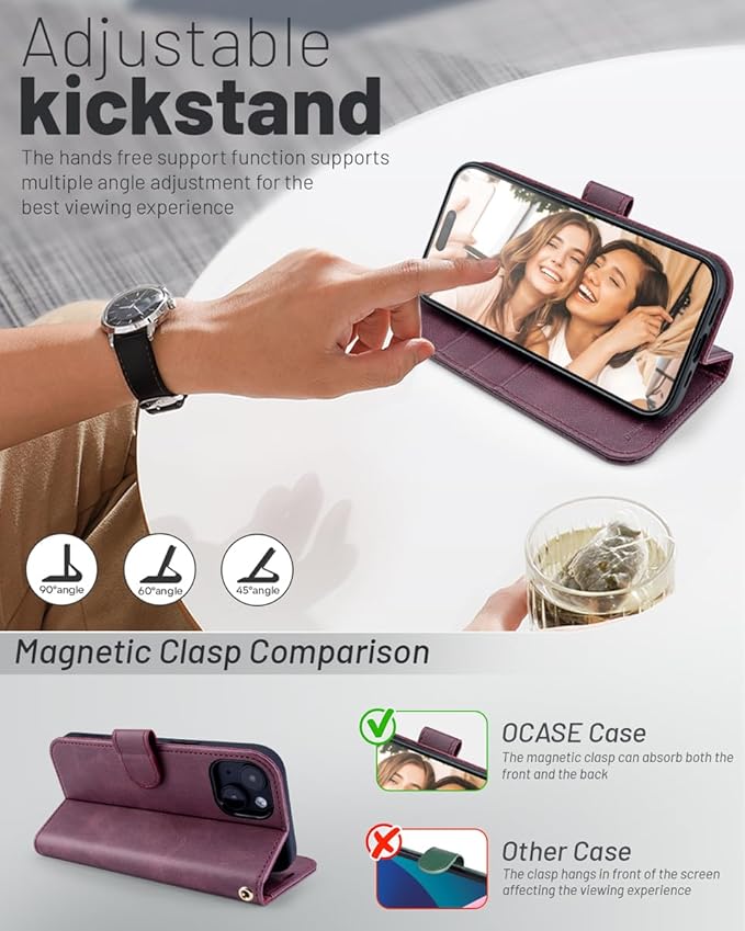 OCASE Compatible with iPhone 15 Wallet Case, PU Leather Flip Folio Case with Card Holders RFID Blocking Kickstand [Shockproof TPU Inner Shell] Phone Cover 6.1 Inch 2023, Mulberry