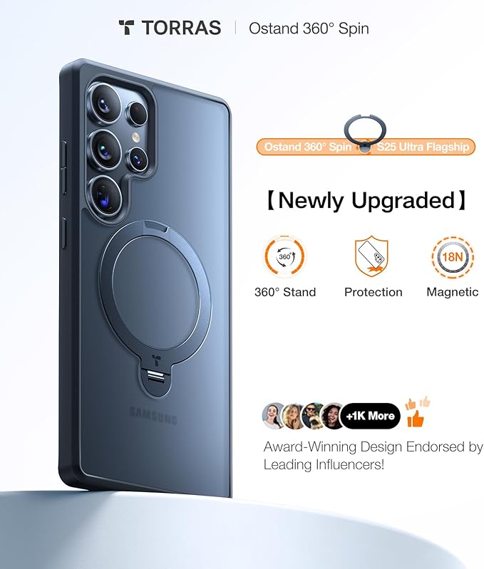 TORRAS 360 Spin Magnetic Stand for Samsung Galaxy S25 Ultra Case, Fit for Magsafe, Military Grade Slim Protective S25 Ultra Case with Kickstand & Ring Holder, Ostand Spin, Translucent Frosted Black