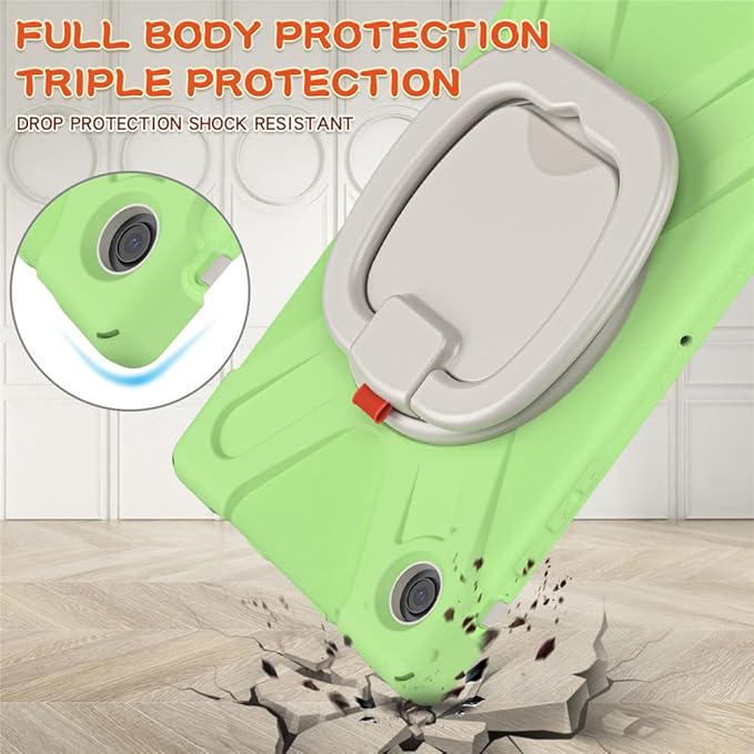 360 Rotation Case for Samsung Galaxy Tab A8 10.5" Sturdy Cover Rotate Ring Stand Shoulder Carrying Strap Hand Strap Rugged Children Adults Outdoor Case, LightGreen