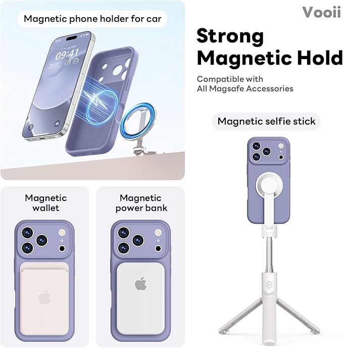 Vooii Magnetic Compatible with iPhone 17 Pro Max Case (Compatible with Magsafe) (Upgraded Camera Protection) Liquid Silicone Shockproof Full Body Protective Phone Cover for Women Men, Lavender Grey