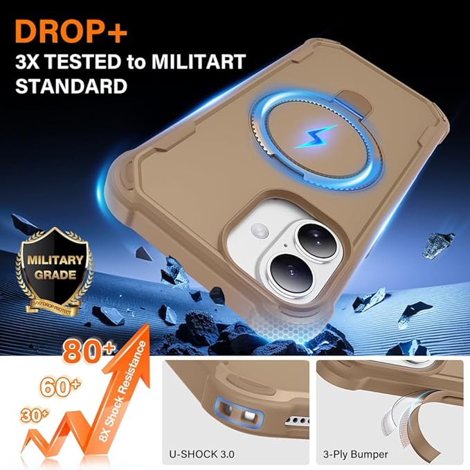 Designed for iPhone 16 Case with Magnetic Stand [Military Drop Protection][Compatible with Magnet] Shockproof 16 Phone Case with Ring Holder, Khaki