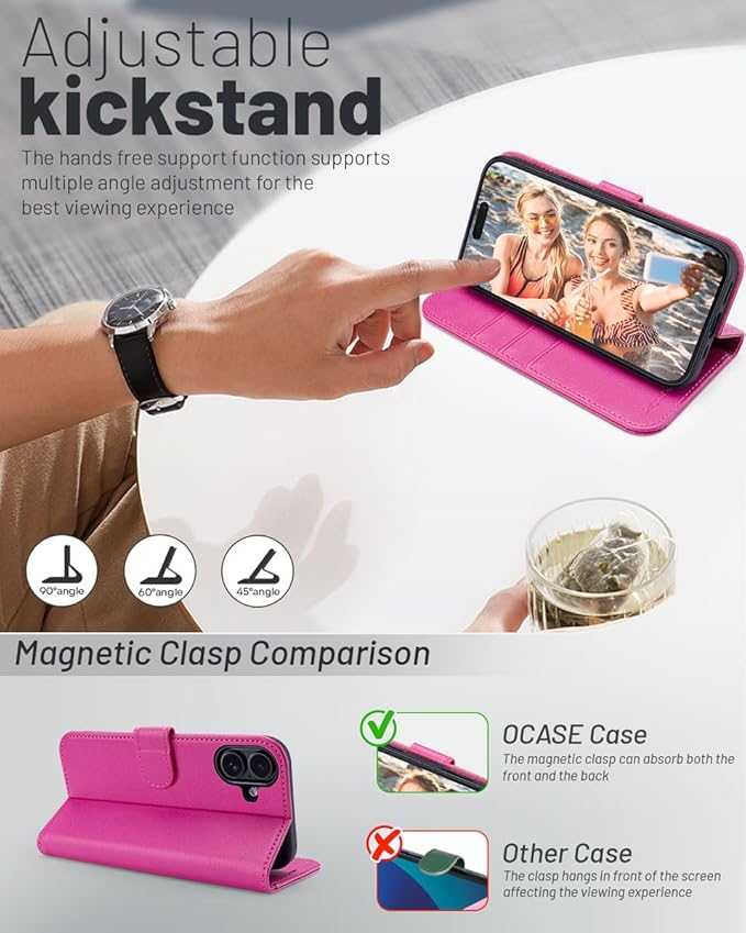 OCASE Compatible with iPhone 16 Wallet Case, PU Leather Flip Folio Case with Card Holders RFID Blocking Kickstand [Shockproof TPU Inner Shell] Phone Cover 6.1 Inch 2024, Rose