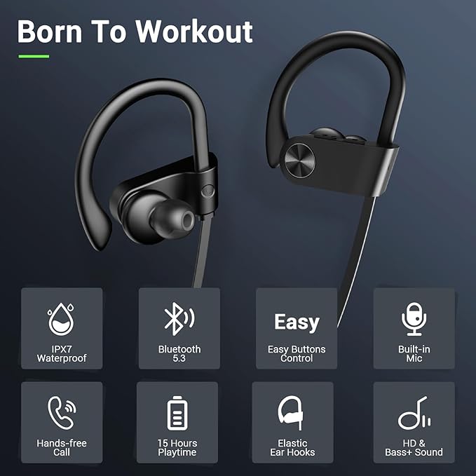 Bluetooth Headphones, Bluetooth 5.3 IPX7 Waterproof Wireless Sports Earbuds for Workout Gym, 16 Hrs Playtime Running Headphones with Noise Cancelling Mic, HiFi Bass Stereo in-Ear Earphones