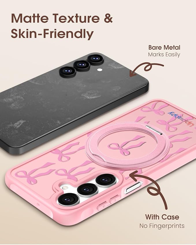 for Samsung Galaxy A16 4G/5G Case with 360° Rotatable Magnetic Ring - Semi-Transparent Anti-Fingerprint Soft-Touch Material Shockproof, Cute Pink Ribbon Bow Design for Women Girl