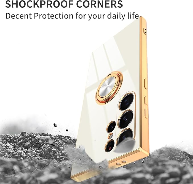 Dinick White for Samsung Galaxy S24 Ultra Case with Ring Holder Kickstand [with Magnetic] Soft TPU Bumper, Glitter Gold Electroplated Cover Slim Thin Protective Phone Case for Galaxy S24 Ultra