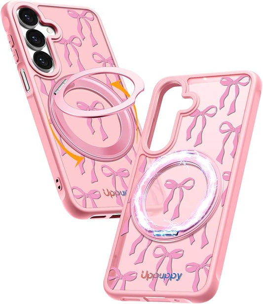 for Samsung Galaxy A16 4G/5G Case with 360° Rotatable Magnetic Ring - Semi-Transparent Anti-Fingerprint Soft-Touch Material Shockproof, Cute Pink Ribbon Bow Design for Women Girl